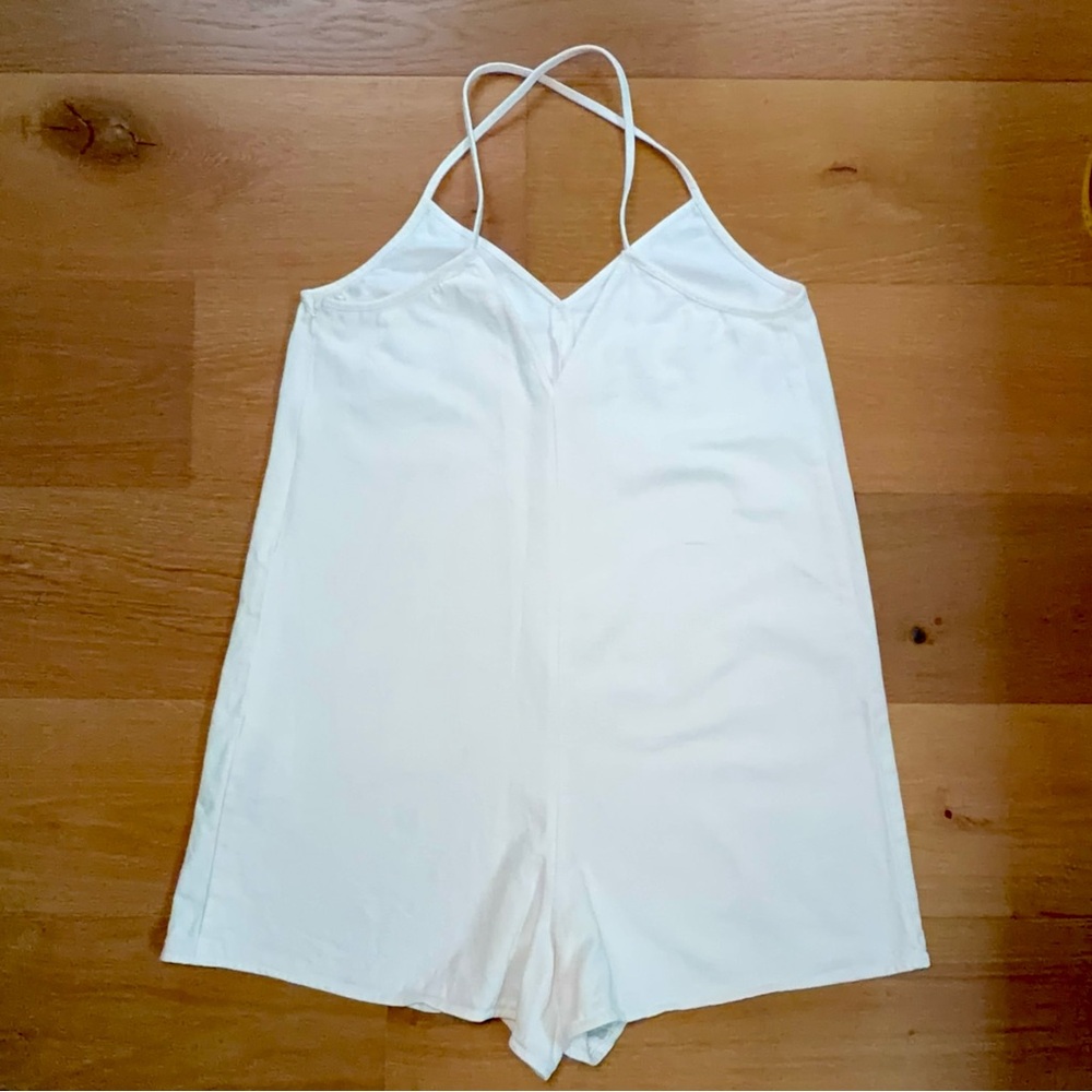 Zara White Boho Strappy Denim Romper Shorts EUC Women's XL Jumpsuit - Picture 4 of 7